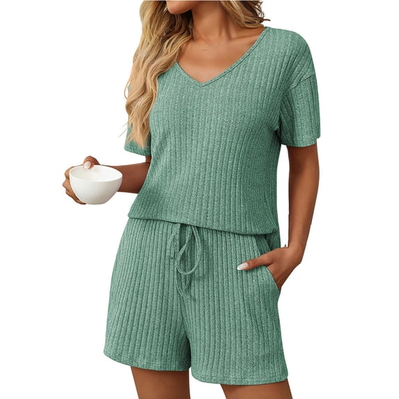 Women's 2 Piece Pajamas Sets Summer Tracksuits, Ribbed, Spring Outfits, Matching, for Vacation & Loungewear, Rayon Blend