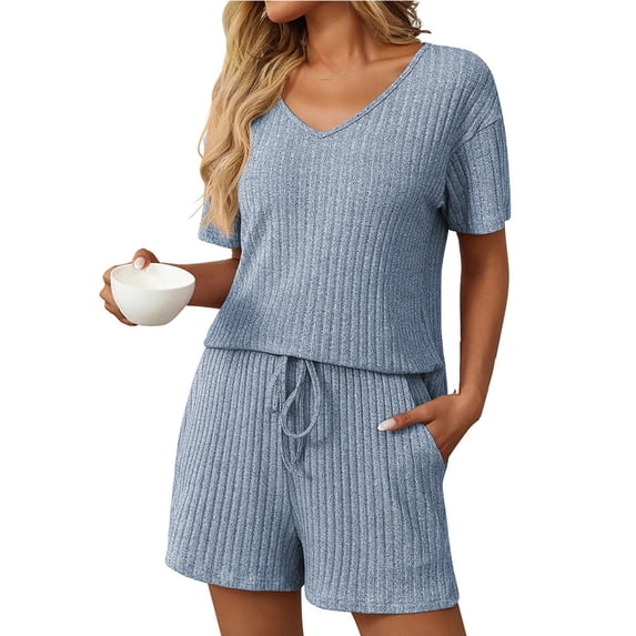 Women's 2 Piece Pajamas Sets Summer Tracksuits, Ribbed, Spring Outfits, Matching, for Vacation & Loungewear, Rayon Blend