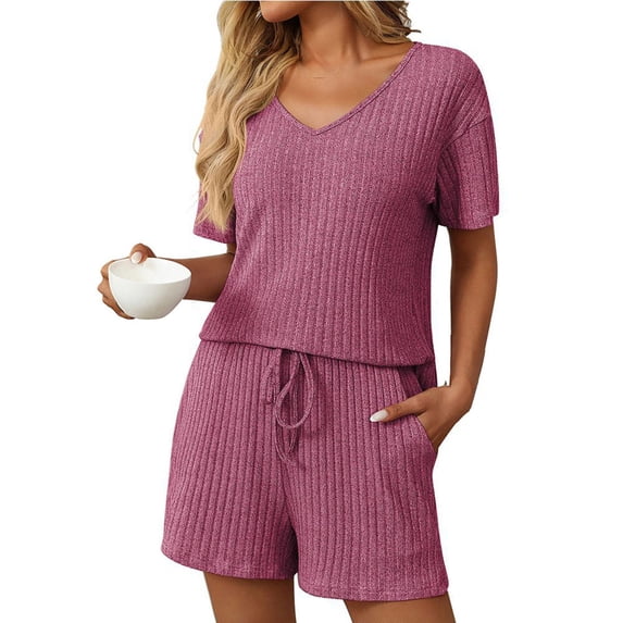 Women's 2 Piece Pajamas Sets Summer Tracksuits, Ribbed, Spring Outfits, Matching, for Vacation & Loungewear, Rayon Blend
