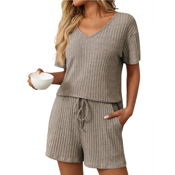 Women's 2 Piece Pajamas Sets Summer Tracksuits, Ribbed, Spring Outfits, Matching, for Vacation & Loungewear, Rayon Blend