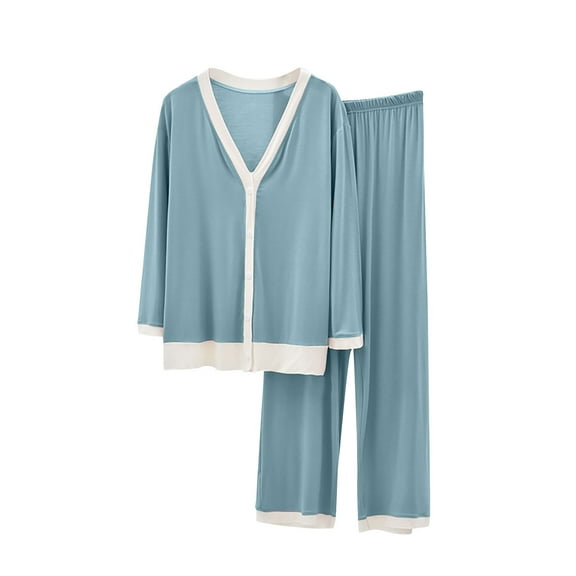 Women's 2 Piece Pajamas Solid Color Sleepwear Sets Long Sleeve Loose Loungewear V-Neck Button Down Tops Wide Leg Pants (Blue 2XL )