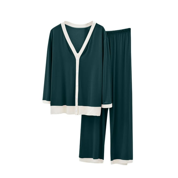 Women's 2 Piece Pajamas Solid Color Sleepwear Sets Long Sleeve Loose Loungewear V-Neck Button Down Tops Wide Leg Pants (Green L)