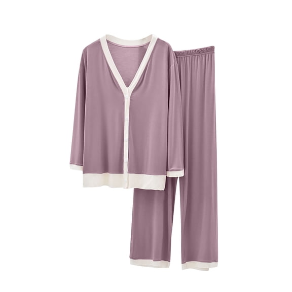 Women's 2 Piece Pajamas Solid Color Sleepwear Sets Long Sleeve Loose Loungewear V-Neck Button Down Tops Wide Leg Pants (Purple L)