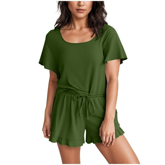Women's 2 Piece Pamajas Shorts Set Soft Cozy Cotton Sleepwear Short Sleeve Tops and Elastic Waisted Shorts Outfits (L, Army Green)