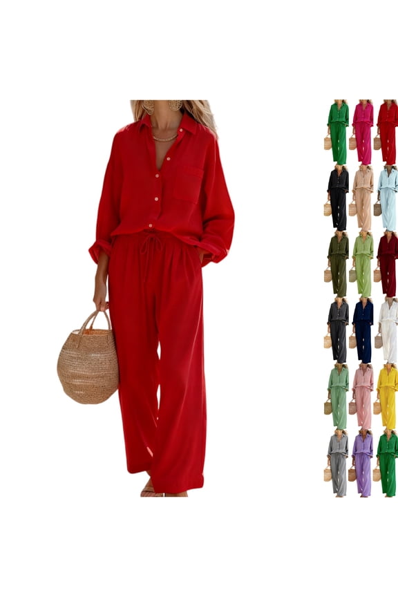 Women's 2 Piece Pants Set Long Sleeve Button Shirt and Drawstring Wide Leg Pants Casual Travel Matching Outfit Red XL
