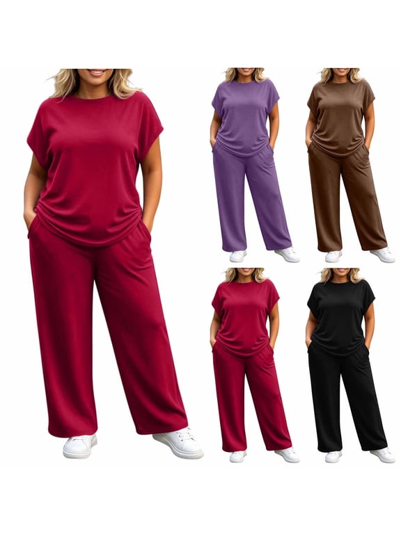 Women's 2 Piece Pants Set Plus Size Summer Lounge Outfits Short Sleeve Crewneck Tops and Wide Leg Sweatpants (2XL, Red)