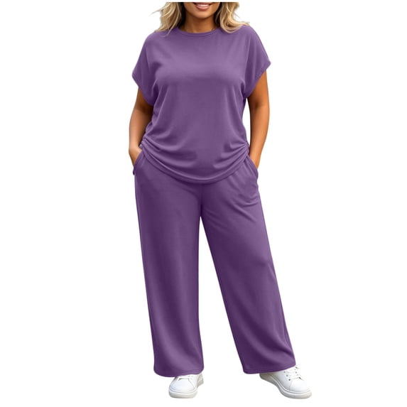 Women's 2 Piece Pants Set Plus Size Summer Lounge Outfits Short Sleeve Crewneck Tops and Wide Leg Sweatpants (5XL, Purple)
