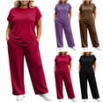 thumbnail image 1 of Women's 2 Piece Pants Set Plus Size Summer Lounge Outfits Short Sleeve Crewneck Tops and Wide Leg Sweatpants (6XL, Red), 1 of 8
