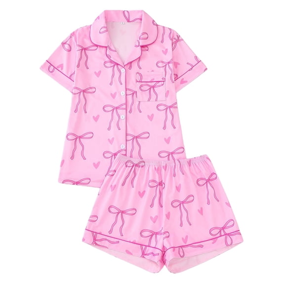 Women’s 2‑Piece Pjs Set All Over Bow Heart Pattern Button Down Notch Collar Short Sleeve Top Elastic Waist Shorts with Chest Pocket Soft Comfy Relaxed Fit Summer Nightwear Loungewear Pink S