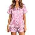 thumbnail image 1 of Women’s 2‑Piece Pjs Set Cute Bow Heart Graphic Pattern Button Down Notch Collar Short Sleeve Elastic Waist Shorts with Pocket Comfy Relaxed Fit Lightweight Nightwear Loungewear Pink M, 1 of 3
