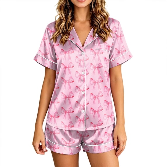 Women’s 2‑Piece Pjs Set Cute Bow Heart Graphic Pattern Button Down Notch Collar Short Sleeve Elastic Waist Shorts with Pocket Comfy Relaxed Fit Lightweight Nightwear Loungewear Pink M