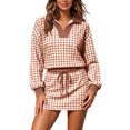 thumbnail image 1 of Women's 2 Piece Plaid Outfits Long Sleeve Collar V Neck Sweatshirt and Drawstring Mini Skirt Lounge Sets Casual Fall Winter Tracksuit Matching Set Brown, 1 of 7