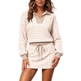 thumbnail image 1 of Women's 2 Piece Plaid Outfits Long Sleeve Collar V Neck Sweatshirt and Drawstring Mini Skirt Lounge Sets Casual Fall Winter Tracksuit Matching Set Khaki, 1 of 7