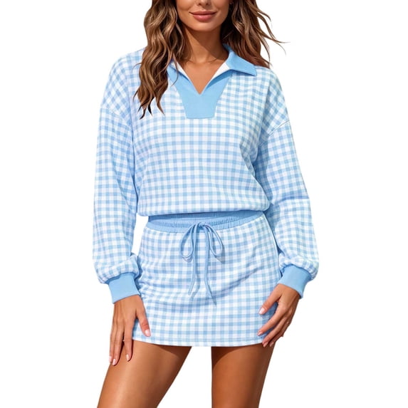 Women's 2 Piece Plaid Outfits Long Sleeve Collar V Neck Sweatshirt and Drawstring Mini Skirt Lounge Sets Casual Fall Winter Tracksuit Matching Set Light Blue