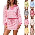 thumbnail image 1 of Women's 2 Piece Plaid Outfits Long Sleeve Collar V Neck Sweatshirt and Drawstring Mini Skirt Lounge Sets Casual Fall Winter Tracksuit Matching Set Yellow, 1 of 7