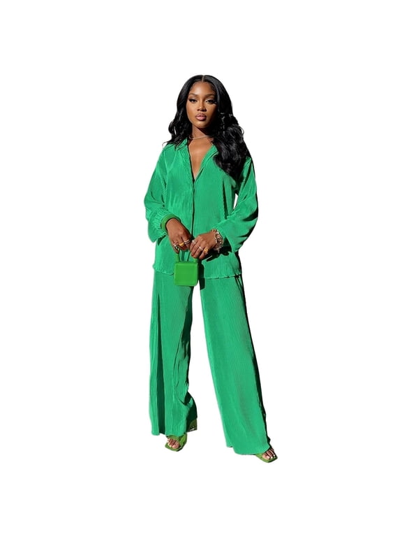 Women's 2 Piece Plisse Outfits Long Sleeve Button Down Shirt and High Waist Wide Leg Pants Set Pleated Lounge Set S-2XL