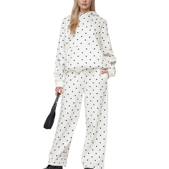Women's 2 Piece Polka Dot Loungewear Set Oversized Long Sleeve Hoodie Drawstring Wide Leg Sweatpants Casual Outfits with Pockets, 5XL