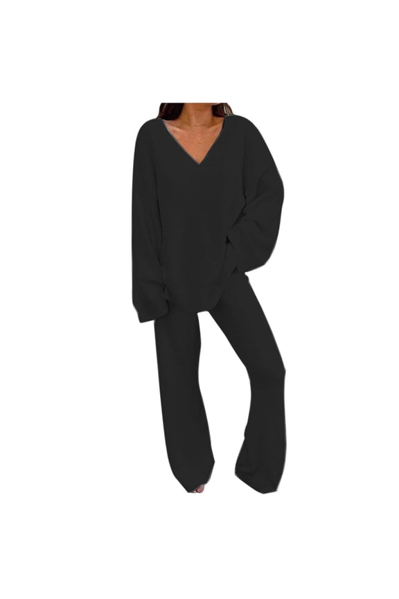 Women's 2 Piece Pullover Sweater Set - Oversized V-Neck Top & Wide Leg Pants, Soft Stretchy Fall/Winter Loungewear Tracksuit