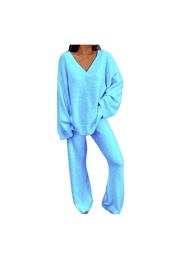 Women's 2 Piece Pullover Sweater Set - Oversized V-Neck Top & Wide Leg Pants, Soft Stretchy Fall/Winter Loungewear Tracksuit