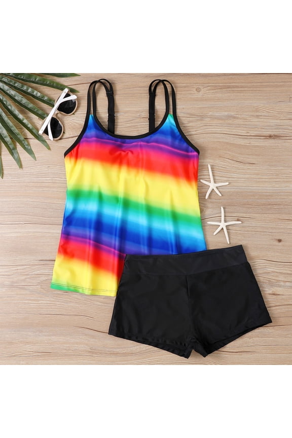 Women's 2 Piece Rainbow Gradient Tankini Swimsuit Bathing Suit with Bottoms Multicolor L