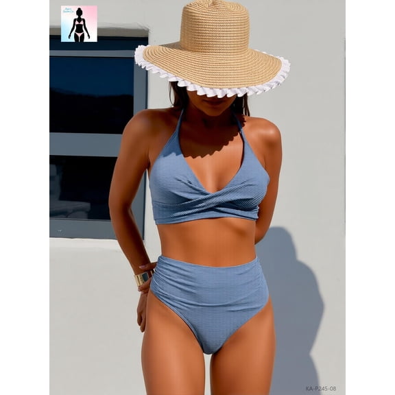 Women's 2-Piece Ribbed High Waisted Bikini Set Halter Wrap Triangle Swimsuit