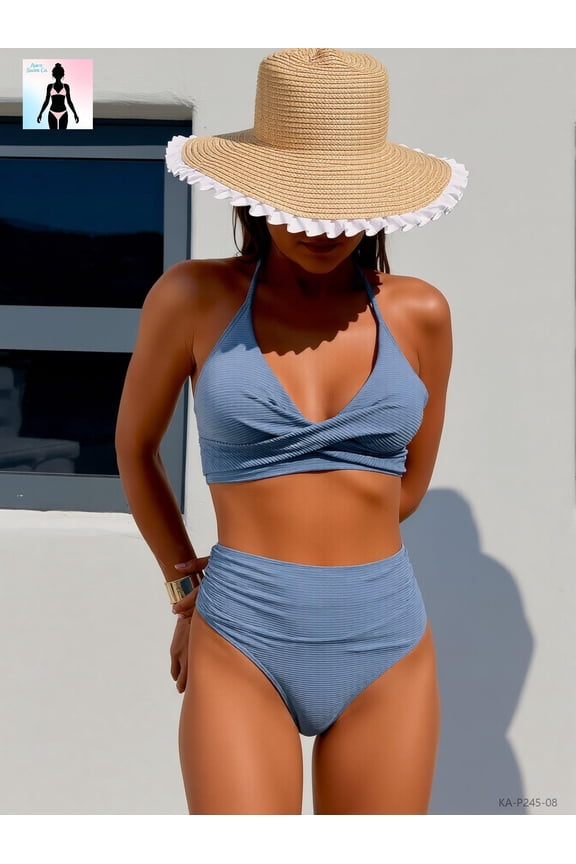 Women's 2-Piece Ribbed High Waisted Bikini Set Halter Wrap Triangle Swimsuit