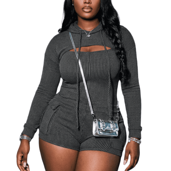 Women's 2 Piece Ribbed Knit Outfits Long Sleeve Crop Shrug Hoodie and Romper Set