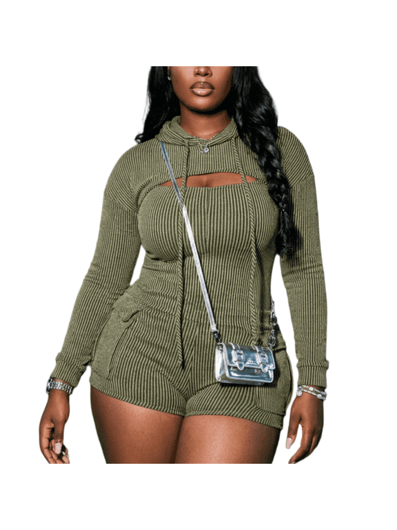Women's 2 Piece Ribbed Knit Outfits Long Sleeve Crop Shrug Hoodie and Romper Set