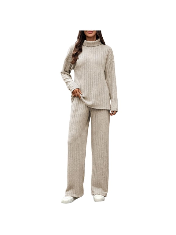 Women's 2 Piece Ribbed Knit Set Mock Neck Long Sleeve Pullover Sweater and Wide Leg Pants with Side Pockets Casual Solid Color Lounge Outfit