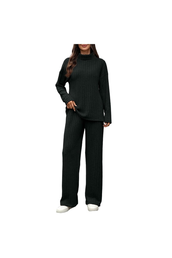 Women's 2 Piece Ribbed Knit Set Mock Neck Long Sleeve Pullover Sweater and Wide Leg Pants with Side Pockets Casual Solid Color Lounge Outfit
