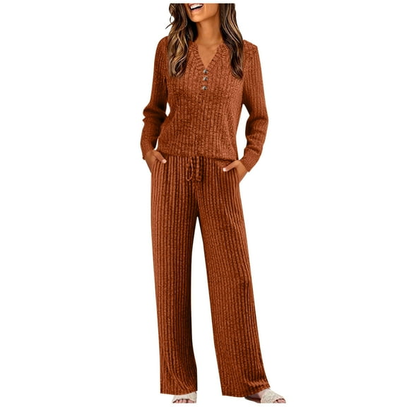Women's 2 Piece Ribbed Matching Outfit Set Button V Neck Long Sleeve Shirts Wide Leg Long Pants Loose Casual Lounge Sets Elastic Waist Drawstring Pants Loungewear Pajamas Tracksuit