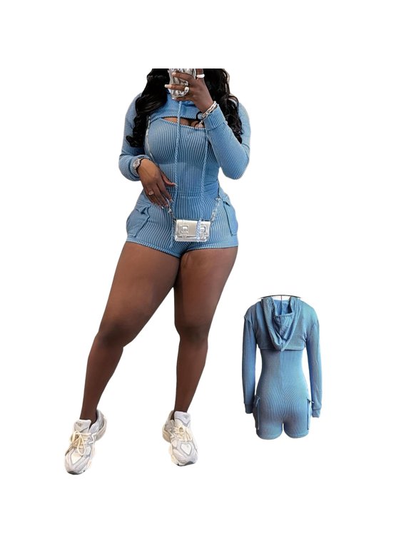 Women's 2 Piece Ribbed Outfits Casual Drawstring Long Sleeve Crop Hoodie and Spaghetti Strap Pocket Shorts Romper Jumpsuit Set (Sizes S–2XL)