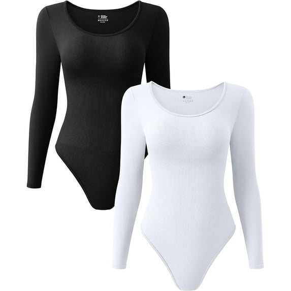 Women's 2 Piece Ribbed Sexy Bodysuit Scoop Neck Long Sleeve Bodycon Bodysuits