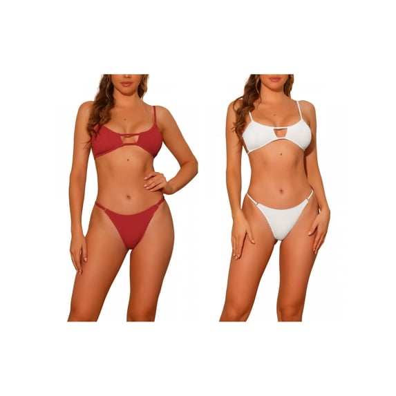 Women's 2 Piece Ribbed Solid Color Bikini Combination Sets Spaghetti Strap Backless Swimwear Bathing Suit Swimsuit Medium White, Red