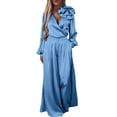 thumbnail image 1 of Women's 2 Piece Satin Outfits Plus Size Party Dressy Outfits 3D Floral Elelgant Blouses Wide Leg Palazzo Pants, 5XL, 1 of 7