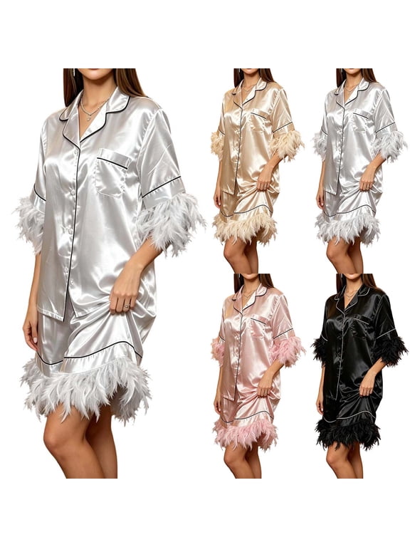 Women's 2 Piece Satin Pajama Set Fuzzy Fur Trim Pajama Lounge Sets Pj Sleepwear Party Holiday Day Pajamas