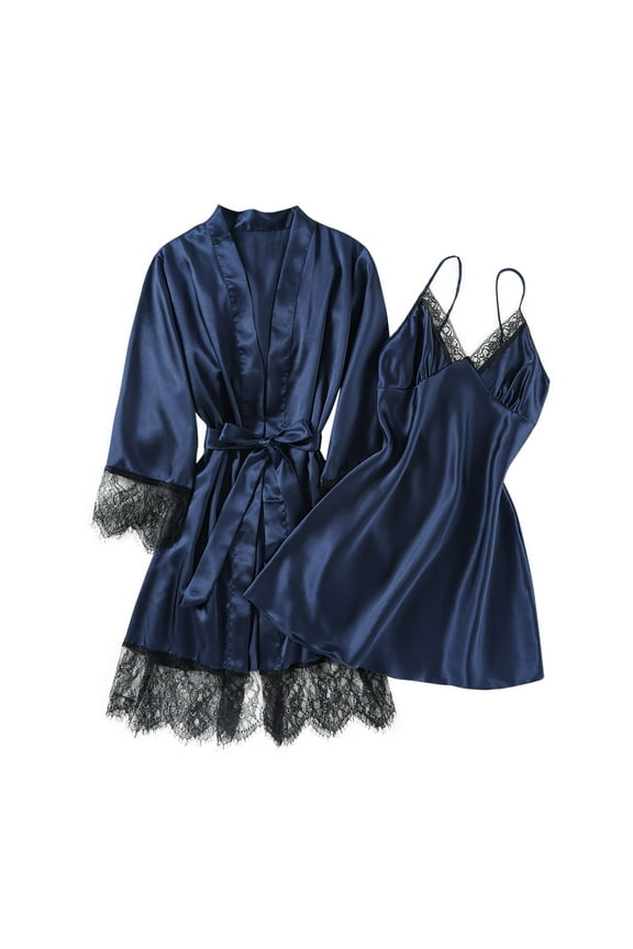 Women's 2 Piece Satin Pajama Set Open Front Belted Design Bathrobe Satin Nightrobe V Neck Spaghetti Straps Nightdress Sleepwear