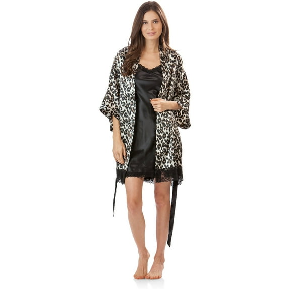 Women's 2 Piece Satin Robe and Nightie Set - Leopard/Black - X-Large