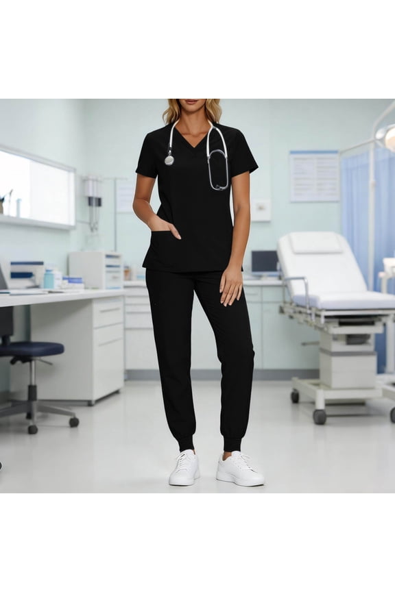 Women's 2 Piece Scrub Set V Neck Short Sleeve Tops Jogger Pants Stretchy Comfortable Uniform for Nurses Healthcare Workers Black XL