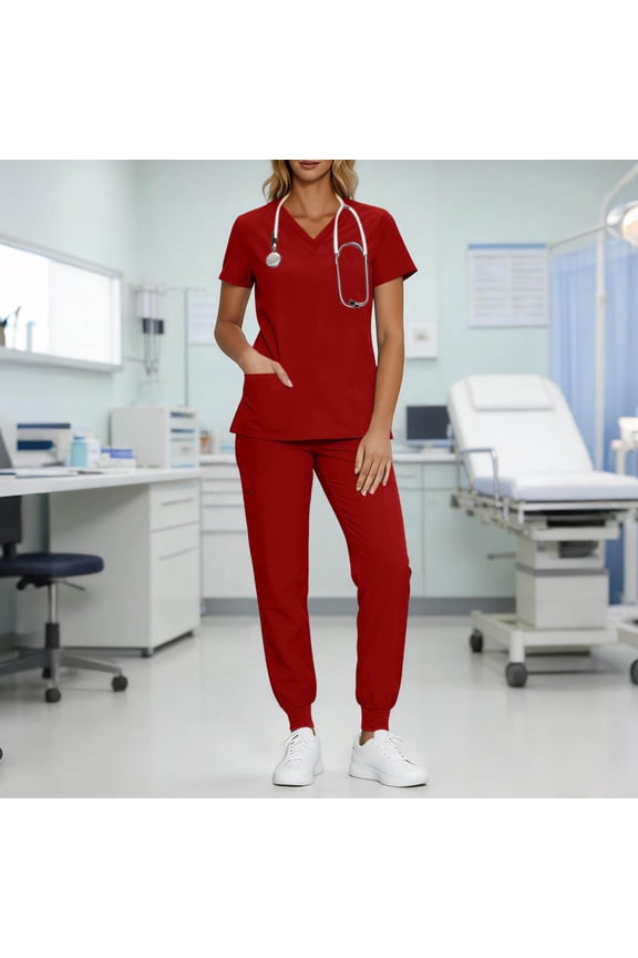 Women's 2 Piece Scrub Set V Neck Short Sleeve Tops Jogger Pants Stretchy Comfortable Uniform for Nurses Healthcare Workers Red S