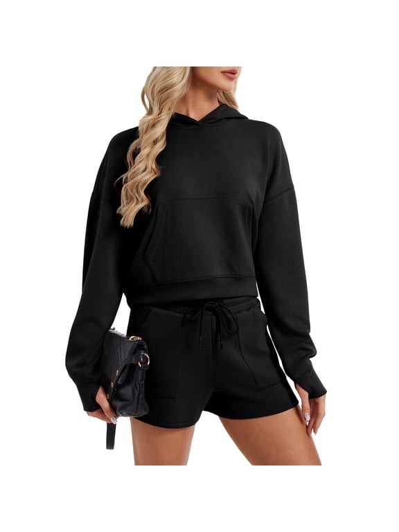 Women’s 2-Piece Scuba Hoodie & Shorts Set Cozy Stretchy Athleisure Sweatshirt & Lounge Shorts