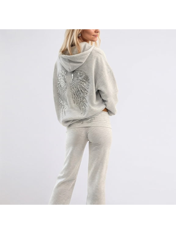 Women's 2 Piece Sequin Pants Outfit, Solid Color Wing Detail Slim Fit Top and Trousers, Elegant Casual Matching Set for Fall Winter, Holiday Events, Parties and Everyday Wear