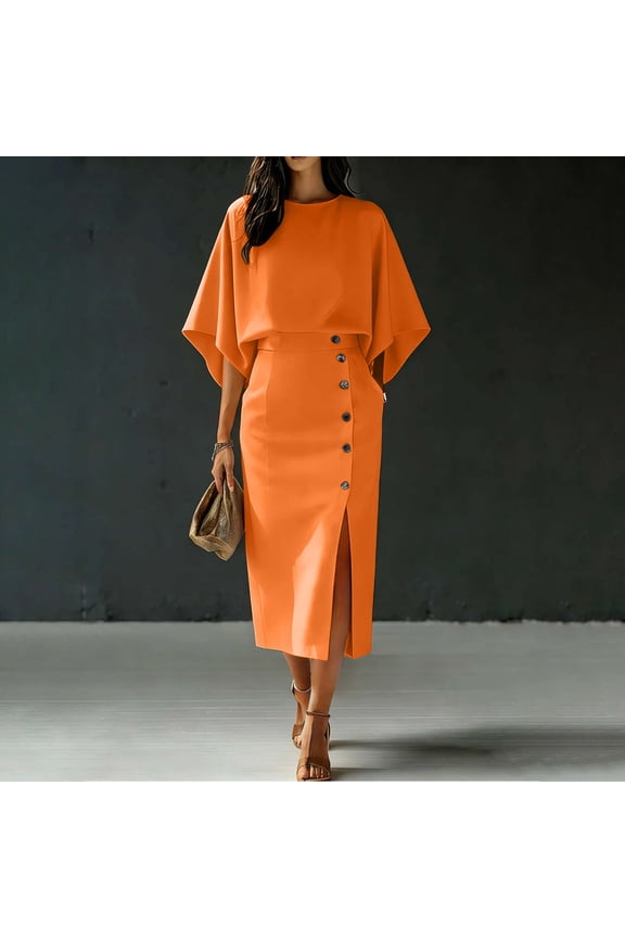 Women's 2 Piece Set, Batwing Sleeve Round Neck Top and High Waist Slit Midi Skirt, Elegant Orange Outfit for Office or Business, 2026 New Limited-time Offer