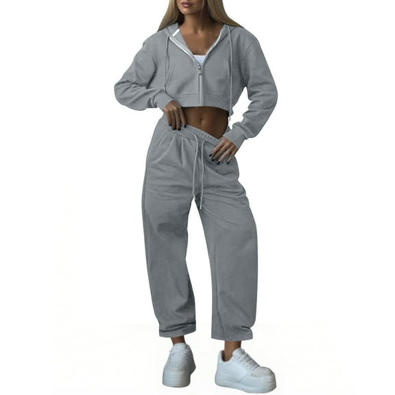 Women's 2 Piece Set Casual Long-Sleeved Hoodie Drawstring Crop Sweatshirt Top Loose Wide-Leg Elastic Waist Drawstring Pockets Pants