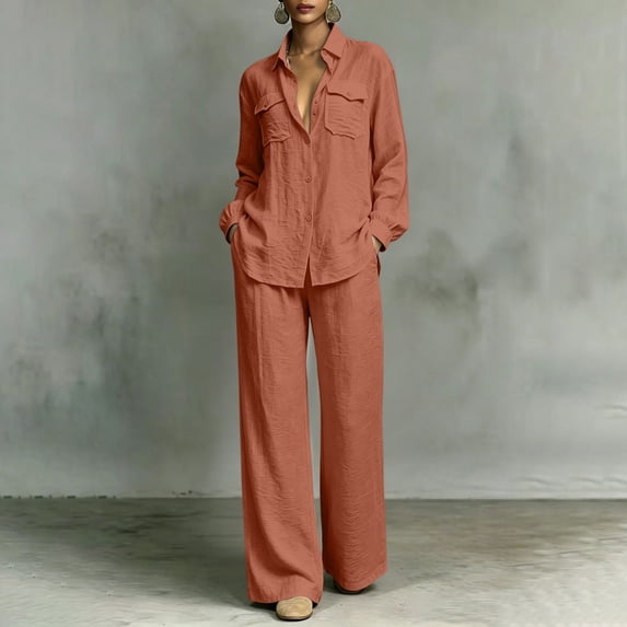 Women's 2 Piece Set Cotton Linen Long Sleeve Flap Pocket Shirt, Button Down Shirt High Waist Wide Leg Pants Casual Loose Comfy Outfits Matching Lounge Set 2XL