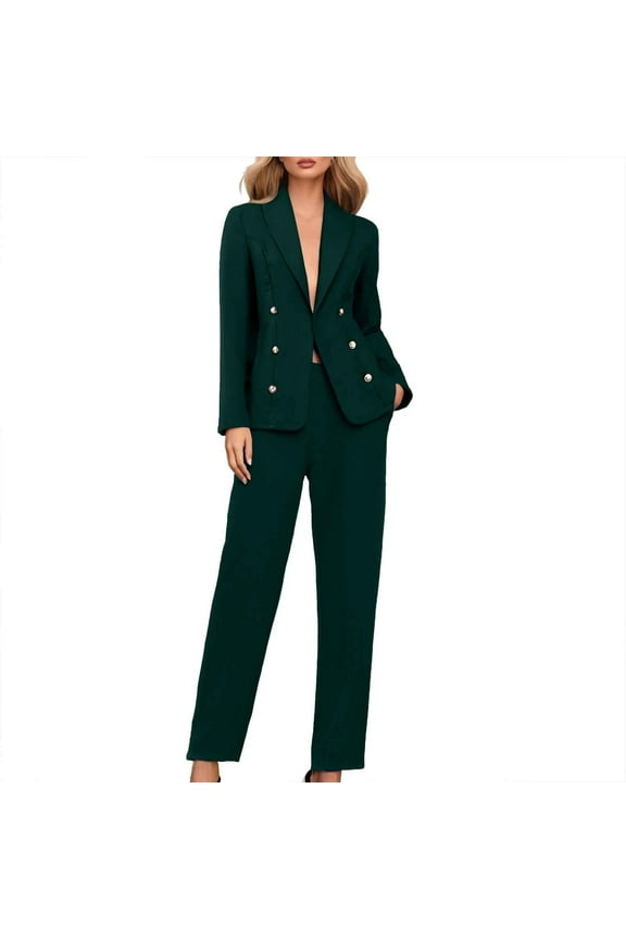 Women's 2 Piece Set Double Breasted Blazer and Pants Suit Casual Office Suit Business Outfits for Work Army Green L