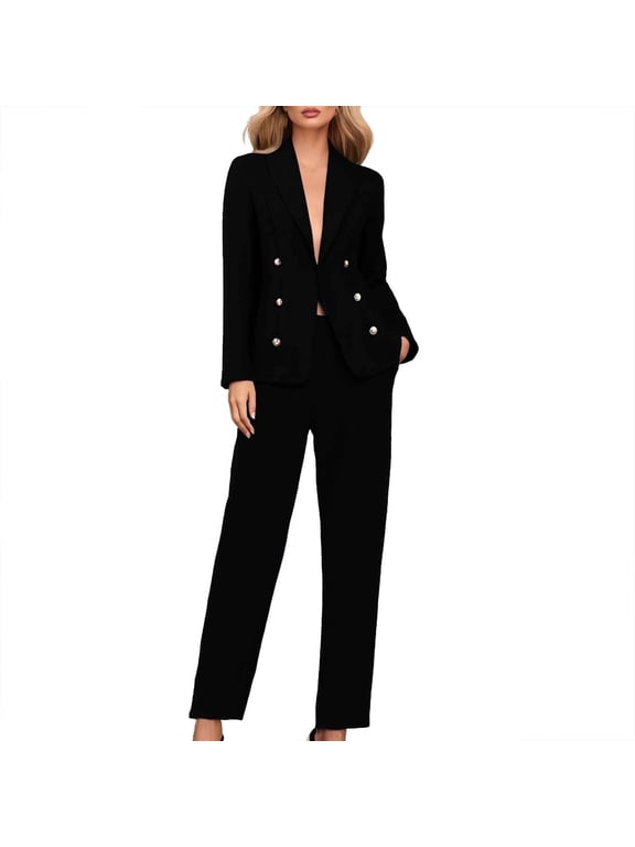 Women's 2 Piece Set Double Breasted Blazer and Pants Suit Casual Office Suit Business Outfits for Work Black S