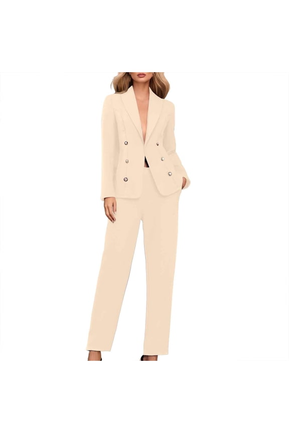 Women's 2 Piece Set Double Breasted Blazer and Pants Suit Casual Office Suit Business Outfits for Work Khaki S