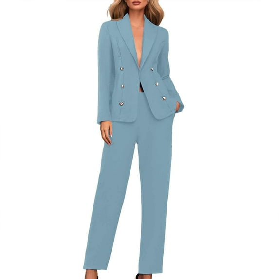 Women's 2 Piece Set Double Breasted Blazer and Pants Suit Casual Office Suit Business Outfits for Work Light Blue XXXL