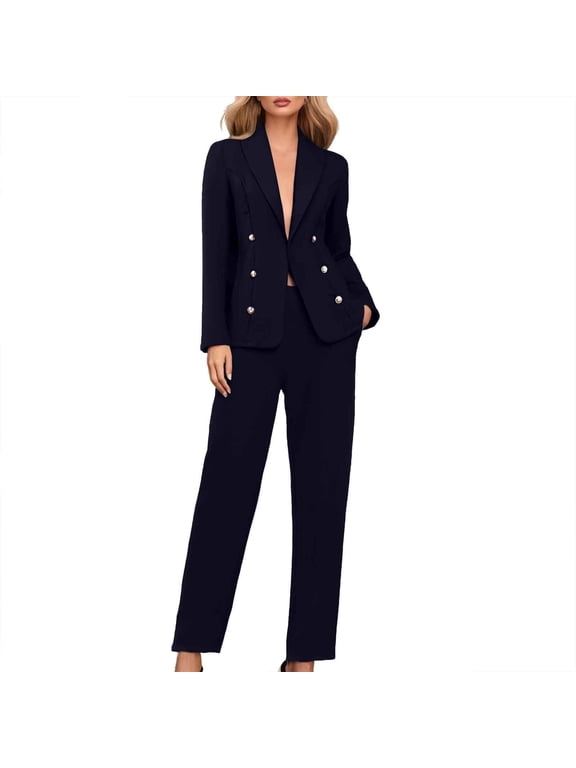 Women's 2 Piece Set Double Breasted Blazer and Pants Suit Casual Office Suit Business Outfits for Work Navy XXXL